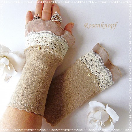Armstulpen Sand Nougat Pulswärmer Walk Spitze *