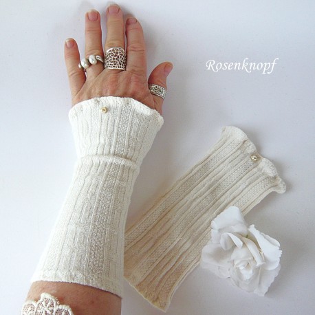 Damen Pulswärmer Armstulpen Weiß Hochzeit Stoff E*