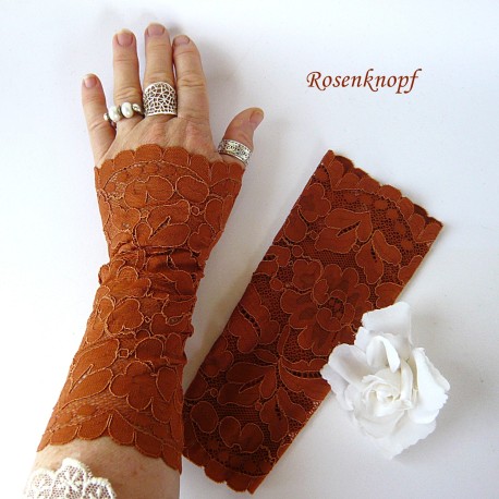 Damen Armstulpen Rostbraun Pulswärmer Spitze Extralang *