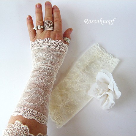 Damen Armstulpen Spitze Ivory Pulswärmer Extra Lang Hochzeit E*