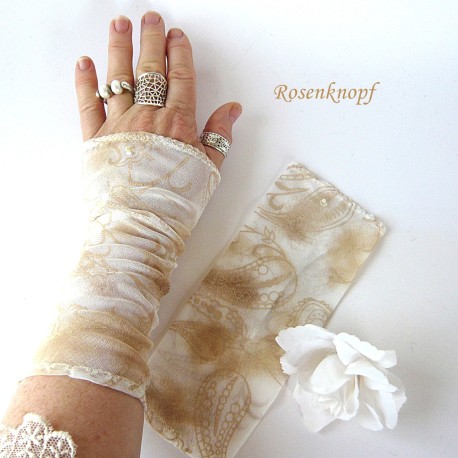 Damen Pulswärmer Armstulpen Ecrue Ivory Hochzeit Stoff *